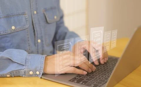 Document management system DMS. Assessment form, Businessman working. Stock Photos