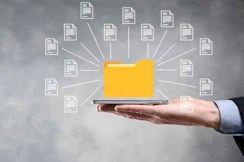 Document Management System DMS .Businessman hold folder and document icon.Sof Foto stock