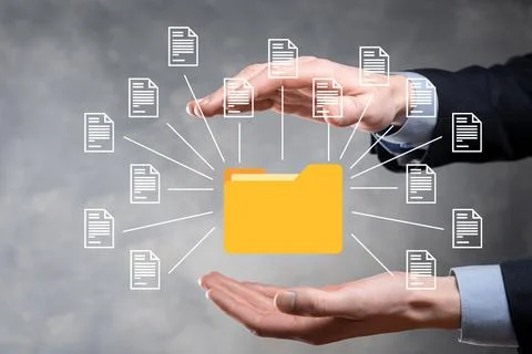 Document Management System DMS .Businessman hold folder and document icon.Sof Foto stock