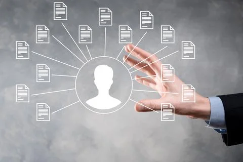 Document Management System DMS .Businessman hold user and document icon.Softw Photos