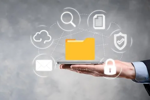Document Management System DMS .Businessman hold folder and document icon.Sof Stockfoto's