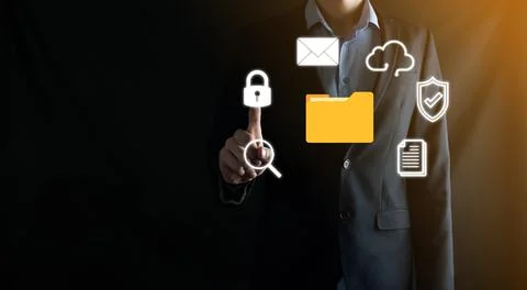 Document Management System DMS .Businessman hold folder and document icon.Sof 写真素材