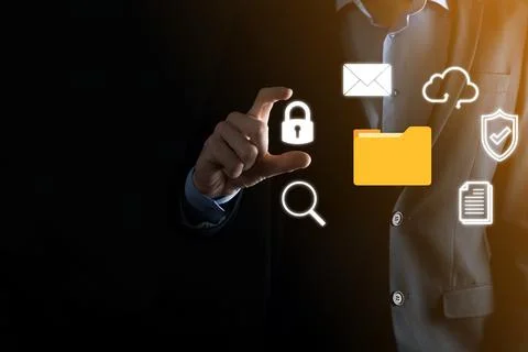 Document Management System DMS .Businessman hold folder and document icon.Sof Fotos Stock