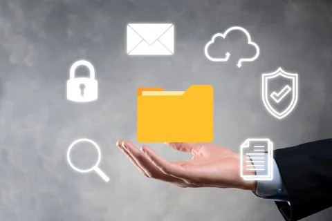 Document Management System DMS .Businessman hold folder and document icon.Sof Stockfoto's