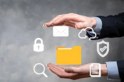 Document Management System DMS .Businessman hold folder and document icon.Sof Stockfoto's