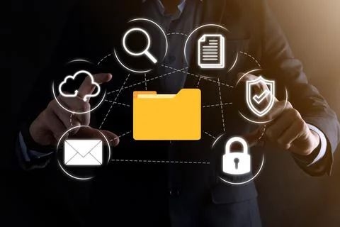 Document Management System DMS .Businessman hold folder and document icon.Sof Stockfoto's