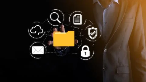Document Management System DMS .Businessman hold folder and document icon.Sof Stockfoto's