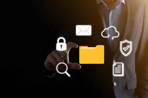 Document Management System DMS .Businessman hold folder and document icon.Sof 写真素材