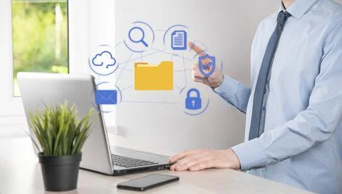 Document Management System DMS .Businessman hold folder and document icon.Sof Stockfoto's