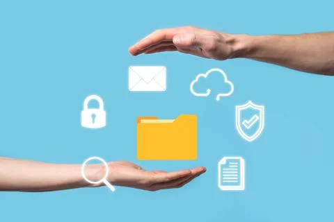 Document Management System DMS .Businessman hold folder and document icon.Sof Stockfoto's