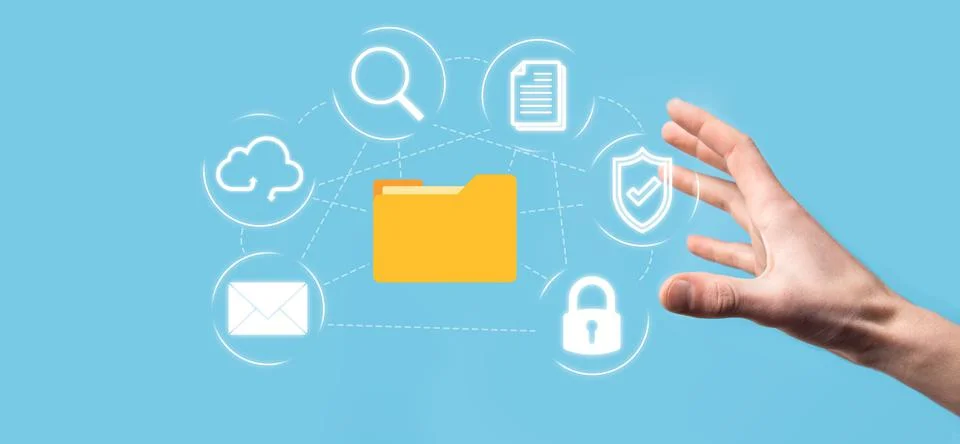 Document Management System DMS .Businessman hold folder and document icon.Sof 库存照片