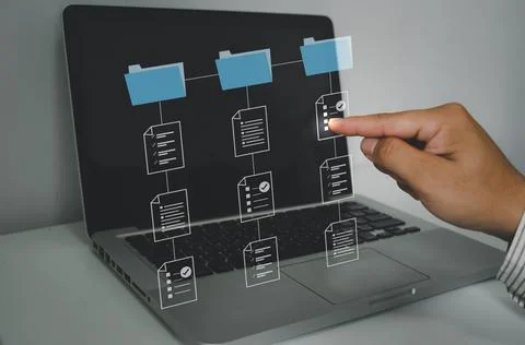 Document Management System (DMS), Businessman work on laptop online documenta Stock Photos