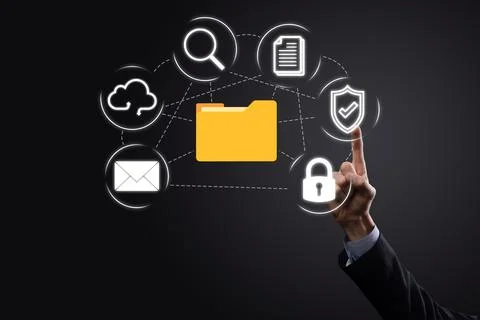 Document Management System DMS .Businessman hold folder and document icon.Sof Stock Photos