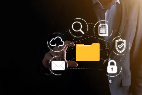 Document Management System DMS .Businessman hold folder and document icon.Sof Stockfoto's