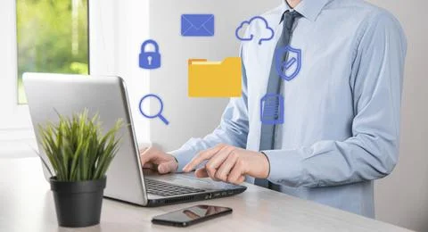 Document Management System DMS .Businessman hold folder and document icon.Sof Stockfoto's