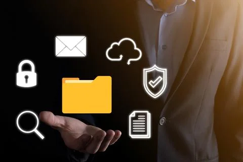 Document Management System DMS .Businessman hold folder and document icon.Sof Foto stock