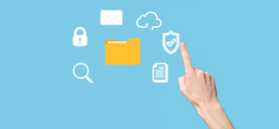 Document Management System DMS .Businessman hold folder and document icon.Sof Foto stock