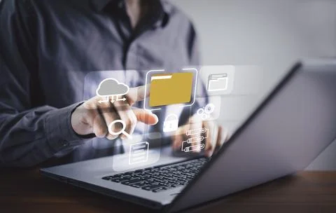 Document management System DMS, Businessman pointing folder icon to use techn Foto stock