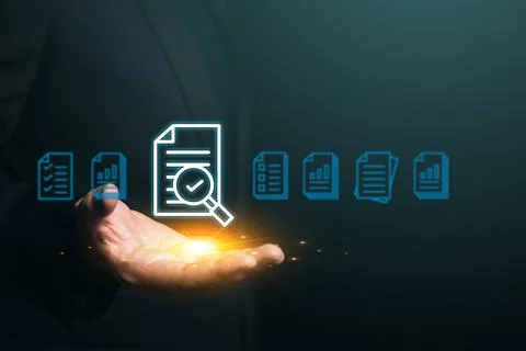 Document Management System (DMS) concept. Hand hold file icon Virtual scree.. Stock Photos