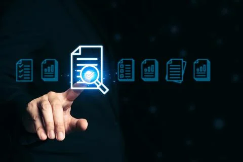 Document Management System (DMS) concept. Hand pressing file icon Virtual s.. Stock Photos