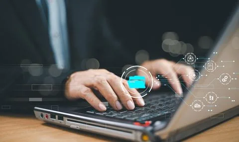 Document Management System DMS concept. Download file folder with flying blan Stock Photos