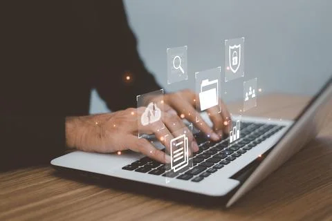 Document Management System (DMS) Online Document Database .business man usi.. Foto stock