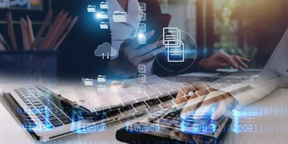 Document Management System (DMS), online documentation database and process.. Stock Photos