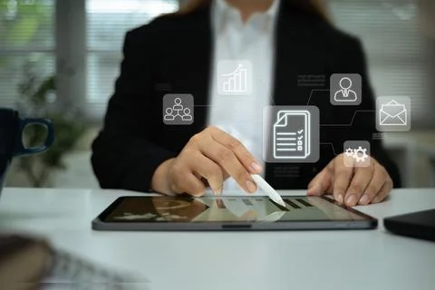 Document management system visualization with futuristic business icons for Stockfoto's