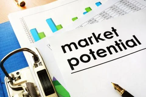 Document Market potential in a blue folder. Stock Photos