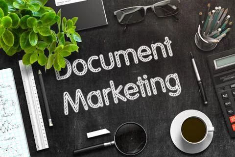 Document Marketing on Black Chalkboard. 3D Rendering Illustrazione stock