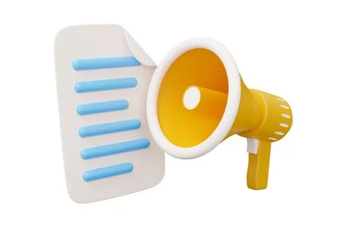 Document megaphone speaker 3d render illustration in minimal cartoon style .. Stock Illustration