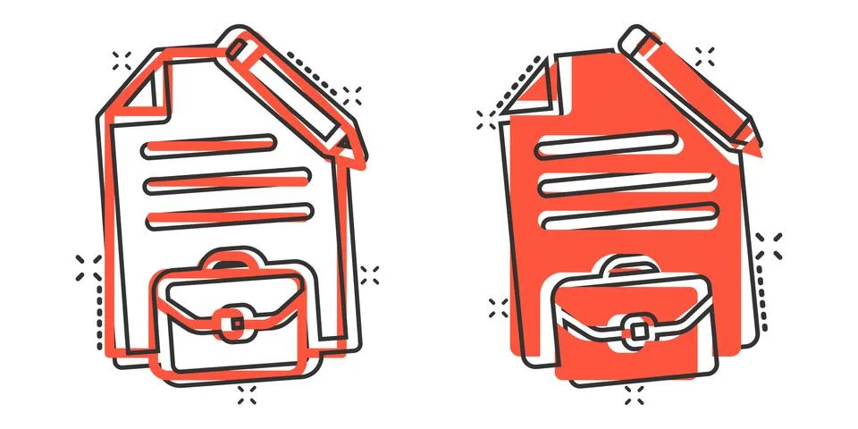 Document note with pen icon in comic style. Paper sheet pencil and briefcase  イラスト素材