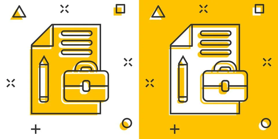 Document note with pen icon in comic style. Paper sheet pencil and briefcase  Stock Illustration