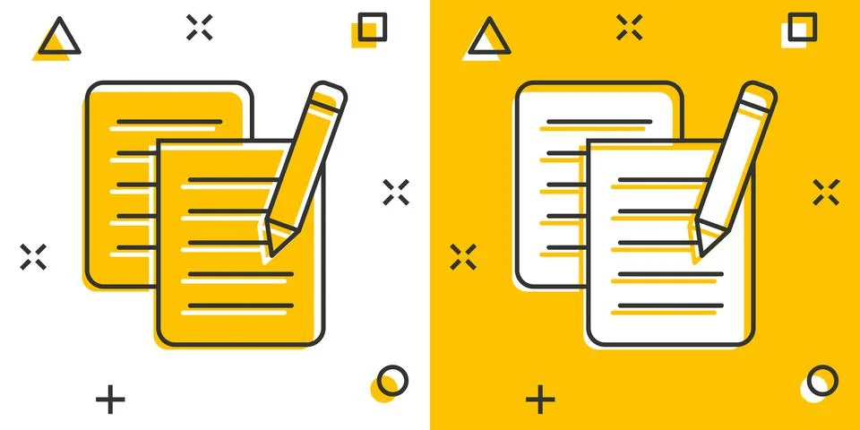 Document note with pen icon in comic style. Paper sheet pencil cartoon vector Illustrazione stock