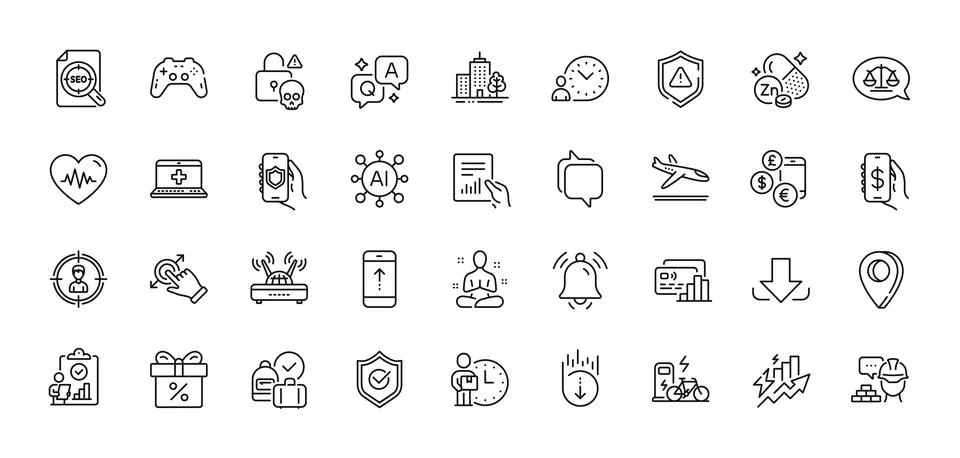 Document, Notification bell and Gamepad line icons pack. For web app. Line icons Stock Illustration