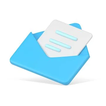 Document in open blue 3d envelope. White sheet of paper with striped text Stock Illustration