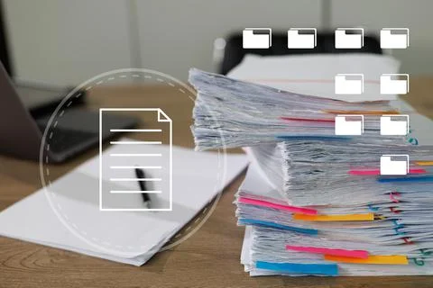 Document paperwork analysis concept, manager work accounting storage datum fi Foto stock