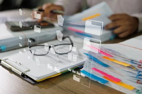 Document paperwork analysis concept, manager work accounting storage datum fi Stock Photos