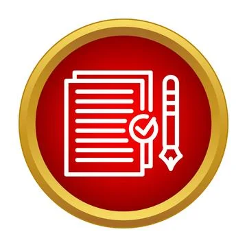 Document, pen, and check mark on red button Illustrazione stock