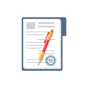 Document, pen, folder with stamp and text icon in flat style. White papers .. Stock Illustration