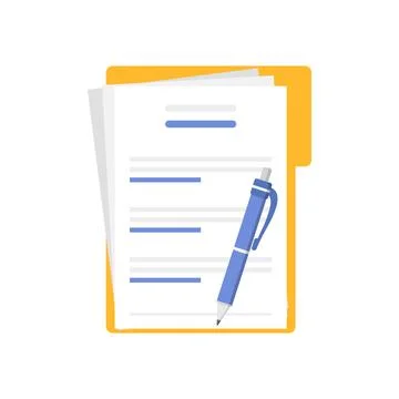 Document, pen, folder with stamp and text icon in flat style. White papers .. Stock Illustration