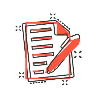 Document with pen icon in comic style. Notepad vector cartoon illustration on Stock Illustration