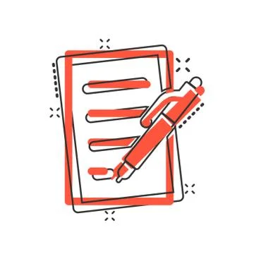 Document with pen icon in comic style. Notepad vector cartoon illustration on Illustrazione stock