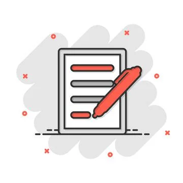 Document with pen icon in comic style. Notepad vector cartoon illustration on Stock Illustration