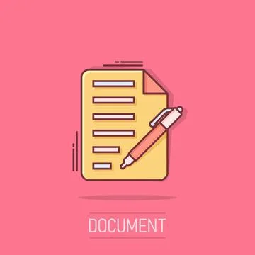 Document with pen icon in comic style. Notepad vector cartoon illustration .. Illustrazione stock