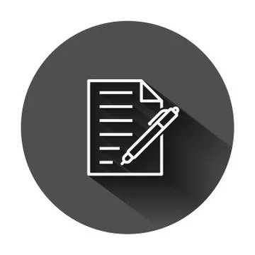 Document with pen icon in flat style. Notepad vector illustration on black ro Illustrazione stock