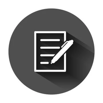 Document with pen icon in flat style. Notepad vector illustration on black ro Stock Illustration