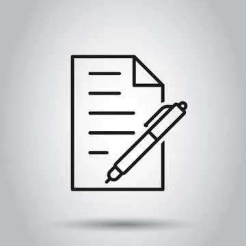 Document with pen icon in flat style. Notepad vector illustration on isolated Illustrazione stock