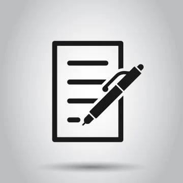 Document with pen icon in flat style. Notepad vector illustration on isolated Illustrazione stock