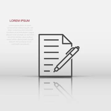 Document with pen icon in flat style. Notepad vector illustration on white .. Illustrazione stock
